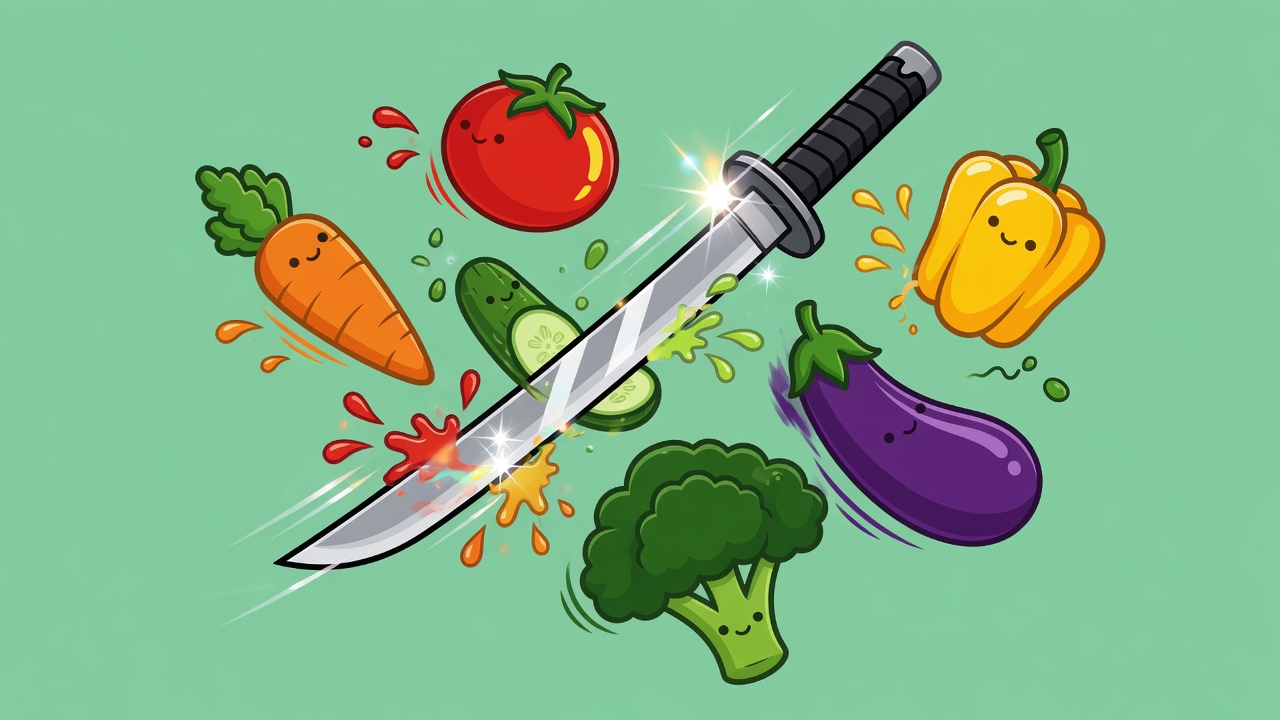 A smiling tomato, carrot, cucumber, broccoli, eggplant and pepper flying around a shining kitchen blade.