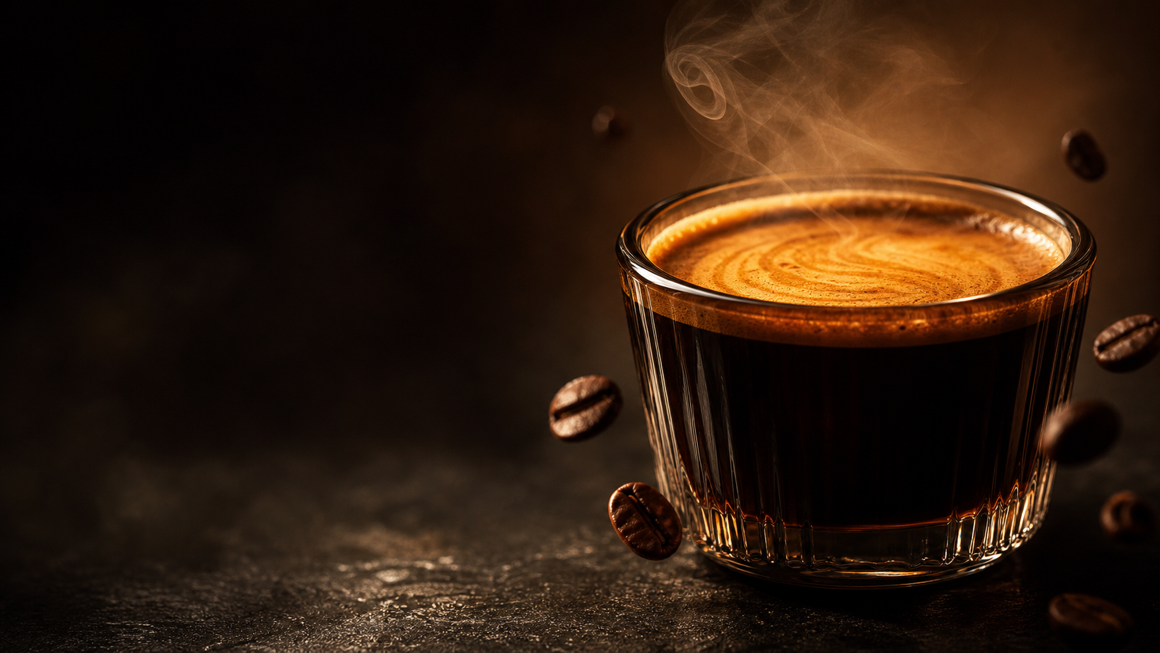Espresso servido en vaso de cristal con granos de café alrededor